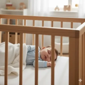 Kind schläft sicher und geschützt hinter dem Bettgitter Baby Holz Natur.