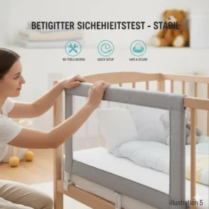 Das bettgitter baby leicht montierbar wird für den einfachen Elternzugang heruntergeklappt.