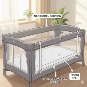 Sichere Befestigung des Bettgitter Baby Reisebett Sicherheit unter der Matratze.