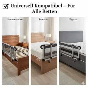 Zeigt die universelle Passform des Bettgitter für Seniorenbett ohne Bohren für verschiedene Betttypen.