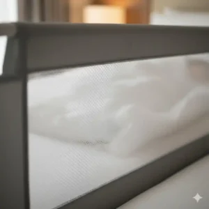 Bettgitter Reisebett leicht aus atmungsaktivem Mesh-Netz für sichere Belüftung.