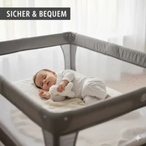 Ein Baby schläft friedlich und sicher im Bettgitter Reisebett mit Tasche, was Komfort und Geborgenheit auf Reisen bietet.