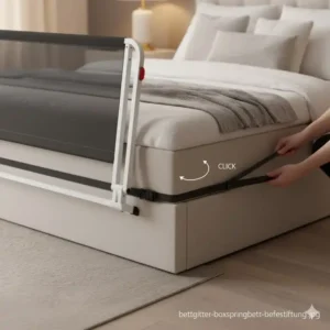 Beispiel für die sichere Befestigung des Bettgitter Erwachsene klappbar an einem Boxspringbett.