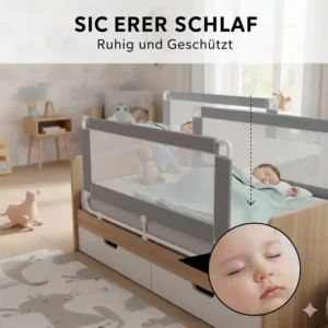 Ruhiges baby schläft sicher im bett dank bettgitter baby universal und schutzgitter