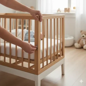 Höhenverstellbares Bettgitter Baby Holz Natur für Anpassung an verschiedene Betten.