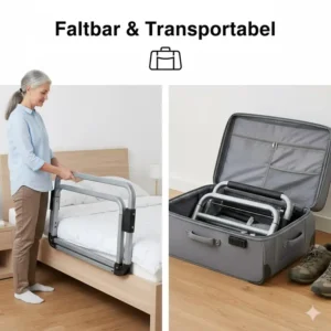 Kompaktes, faltbares Bettgitter für Seniorenbett ohne Bohren zum einfachen Transport und Verstauen.