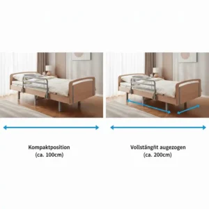 Die verschiedenen Größenpositionen des Bettgitter Seniorenbett ausziehbar (ausgezogen und kompakt).