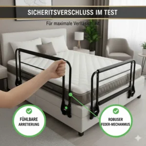 Sicherheitsfunktionen und Klappmechanismus der Bettgitter Seniorenbett Test Modelle.