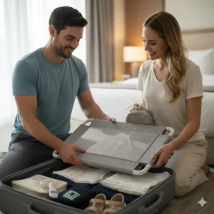 Eltern verpacken das Bettgitter Reisebett leicht platzsparend für den Urlaub.