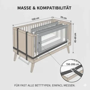 Technische Zeichnung mit Maßen des bettgitter babybett klappbar für Baby- und Elternbetten.
