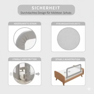 Sicherheitsmerkmale des Bettgitter Baby ohne Bohren (Netzstoff, abgerundete Kanten), für maximale Sicherheit.