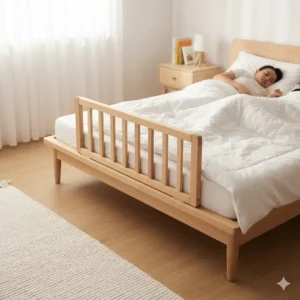 Langes Bettgitter Baby Holz Natur als Rausfallschutz für das Familienbett.