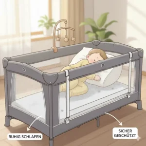 Stabiles Bettgitter Baby Reisebett Sicherheit aus Holz für extra Schutz.