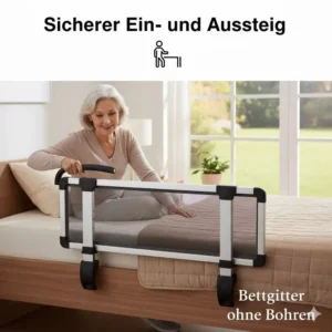 Eine Seniorin nutzt das Bettgitter für Seniorenbett ohne Bohren als sichere Hilfe beim Hinlegen und Aufstehen.