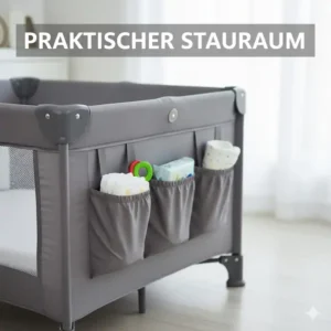 Das Bettgitter Reisebett mit Tasche verfügt über praktische Seitenablagen für Windeln und Babyutensilien, alles griffbereit.