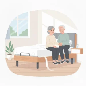 Bettgitter am Seniorenbett elektrisch abgesenkt für freien Zugang.