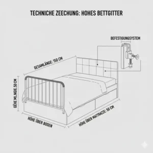 Grafische Darstellung der genauen Maße und der Höhe des bettgitter seniorenbett hoch.