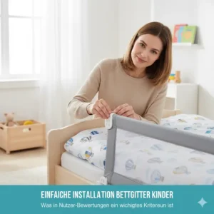 Eine Mutter demonstriert die einfache Installation eines Bettgitter Kinder, was in Nutzer-Bewertungen ein wichtiges Kriterium ist.