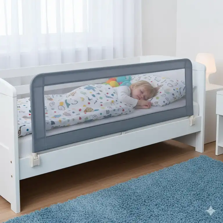 Ein bettgitter ohne bohren montiert am Elternbett: die sichere und einfache Lösung.