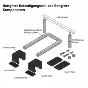 Alle Einzelteile des bettgitter befestigungsset im Überblick: Klammern, Riemen und Schrauben