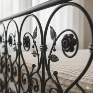 Nahaufnahme eines schmiedeeisernen bettgitter design vintage mit floralen Mustern, im Detail.