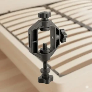 Detailaufnahme der robusten bettgitter halterung kaufen mit verstellbarer Klemme für Lattenroste und Bettrahmen.