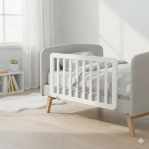 Weißes Bettgitter Design Modern aus lackiertem Holz, höhenverstellbar und stabil. Passend für ein Kinderbett im skandinavischen Stil.