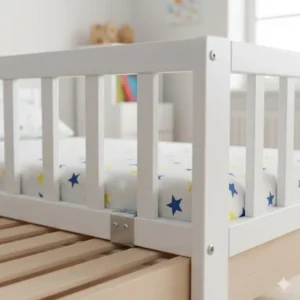 Detailaufnahme der Befestigung: Einbau des bettgitter holz weiß unter die Matratze.