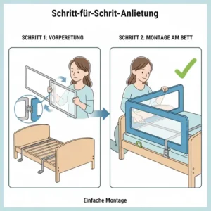 Schritt-für-Schritt-Anleitung zur einfachen Montage des Bettgitter Sicherheitszubehörs am Elternbett oder Kinderbett.