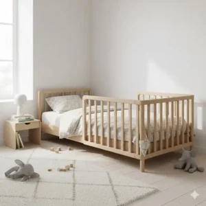 Minimalistisches Bettgitter Design aus unbehandeltem Eichenholz mit senkrechten Streben.