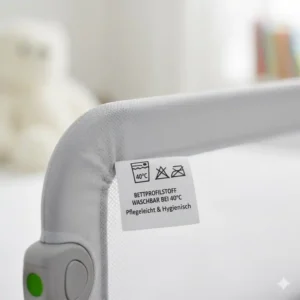 Pflegeetikett zeigt, wie der bettgitter stoff waschbar gereinigt wird.