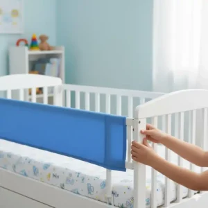 Blaues Bettgitter für Kinder montiert – einfache und schnelle Installation des Rausfallschutzes am Gitterbett.