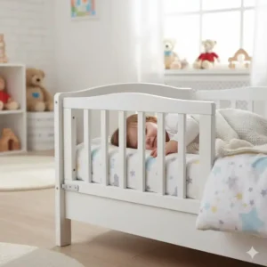 Im Kinderzimmer montiertes bettgitter holz weiß für einen sicheren Schlaf.