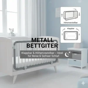 Metall Bettgitter aus Aluminium oder Stahl, oft klappbar und höhenverstellbar; ideal für Reise und sicheren Schlaf.