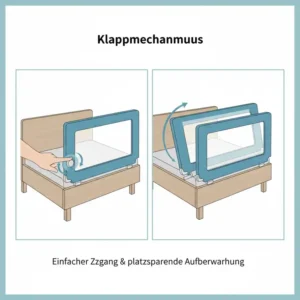 Klappmechanismus eines Bettgitters, der einfachen Zugang und platzsparende Aufbewahrung des Sicherheitszubehörs ermöglicht.