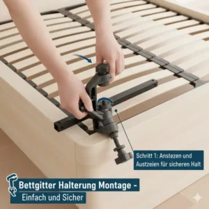 Bebilderte Schritte zur Montage der bettgitter halterung kaufen am Bettrahmen. Schnelle und werkzeuglose Anbringung.