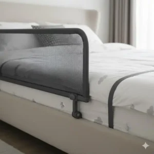 Bettgitter Design Modern als klappbares Gitter aus grauem Metall mit Netzbespannung für einfache Montage am Elternbett. Platzsparend.