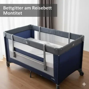 Nahansicht des Mechanismus, der das bettgitter reisebett höhenverstellbar macht für die Anpassung an verschiedene Matratzenhöhen.