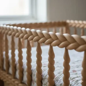 Helles Massivholz bettgitter design vintage mit einer ansprechenden, geflochtenen Optik.