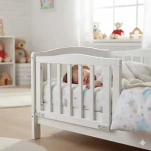 Platzsparend heruntergeklapptes bettgitter holz weiß an einem Tagesbett.