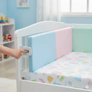 Kinder Bettgitter mit Klappfunktion – Praktische Mechanik zum einfachen Ein- und Aussteigen und sicheren Halt.