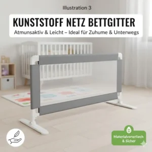 Bettgitter aus Kunststoff mit atmungsaktivem Netzgewebe, leicht, transportabel und gut für den Materialvergleich.