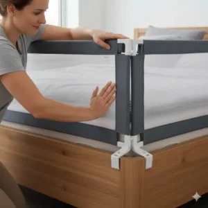 Stabilitätstest: Das sichere bettgitter ohne bohren hält fest am Bettrahmen.
