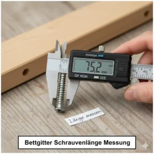 Messen der alten Schraubenlänge und des Durchmessers, um den korrekten bettgitter schrauben ersatz zu bestimmen.