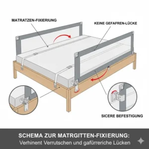 Schema zur sicheren Matratzen-Fixierung des Bettgitter vergleich 2026 zur Vermeidung von Lücken.