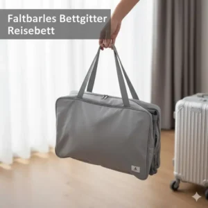 Das bettgitter reisebett höhenverstellbar ist zusammengefaltet und bereit für den Transport in der kompakten Tasche.