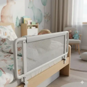 Ein Kind schläft ruhig, geschützt durch ein bettgitter metall stabil.