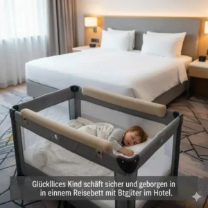 Kind schläft ruhig dank Bettgitter Reisebett für Hotel und bietet maximalen Schutz im Urlaub.