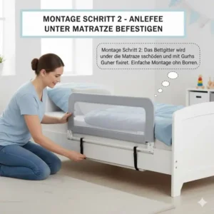 Die Fixierung unter der Matratze: So wird die Bettgitter einfache Montage im zweiten Schritt abgeschlossen.