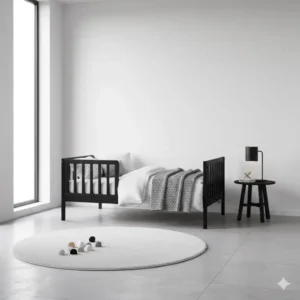 Modernes, minimalistisches Bettgitter Design in Matt-Schwarz, ideal für ein kontrastreiches, zeitgenössisches Zimmer.